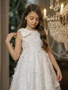 SHEIN Young Girl Elegant Floral Bow Tie Waist Sleeveless White Dress, Princess Dress, Casual Everyday Wear, Wedding Season Dress, Valentine's Day, Flower Girl Dress - White - View 4