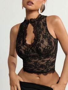 SHEIN ICON Áo tank top crop ôm sát cổ ren khoét eo kiểu Trung Quốc Y2K màu đen dành cho nữ, thích hợp cho các buổi hòa nhạc, tiệc tùng, câu lạc bộ, hẹn hò, lễ hội Coachella, gợi cảm và thanh lịch, mùa hè. - màu đen - Xem 4