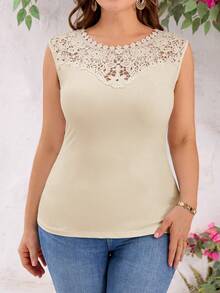 SHEIN Clasi Plus Size Solid Color Round Neck Sleeveless Lace Patchwork Hollow Out Casual Slim Fit Camisole Top, Summer - Apricot - View 3