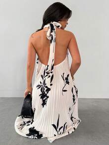 Firerie 女士优雅简约精致浪漫度假约会节日派对露背系带印花褶皱面料不对称下摆宽松A字长裙 - 杏色 - 查看 2