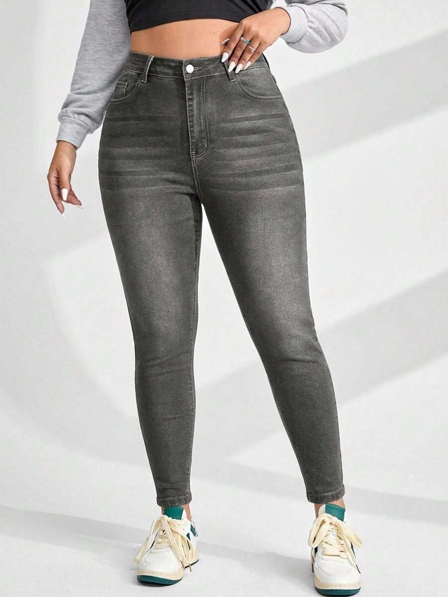 EURMUSE Jeans casual versatili a vita alta con tasche, taglie comode per donne in sovrappeso - Grigio Chiaro - Visualizzare 1