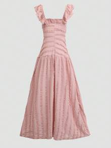 Opuloom 春季新款甜美纹理方领前扣装饰高腰飘逸连衣裙，适合约会、聚会、通勤等场合。 - 粉色 - 查看 2