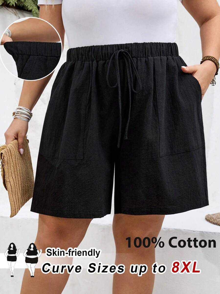 SHEIN CURVE+ Quần short nữ dáng suông US22, thích hợp cho lễ hội âm nhạc, kỳ nghỉ biển, phong cách bohemian, màu trơn, có dây rút ở eo và túi. - màu đen - Xem 1