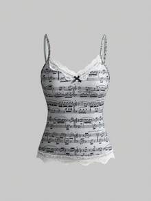 ROMWE Bộ 3 món áo hai dây ôm sát người, viền ren, in hình nốt nhạc và bàn phím piano phong cách Y2K cổ điển. - Nhiều màu - Xem 13