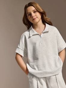 SHEIN Tween Girls Clothes 2pcs/Set Tween Girls Casual Outfit,Polo Zip-Up, Cute, School, Back To School - Light Grey - View 5