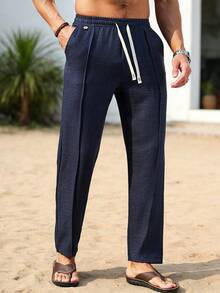 VENTUSAIL 男士抽绳腰带口袋休闲直筒裤，时尚百搭，适合通勤和外出穿着。男士休闲裤，街头风，男士抽绳裤，男士亚麻裤，男士藏蓝色裤子，复古风格，日常休闲，周末旅行，户外活动，探险旅行，轻松的工作环境或半正式场合，男友/丈夫礼物，周年纪念/生日礼物，派对，暑假，新年，婚礼，情人节。 - 藏蓝色 - 查看 4