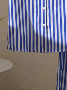 SHEIN Tween Girls' Casual Striped Shirt & Pants T-Shirt Set, Suitable For Vacation, Outing, School, Style - Blue - View 4