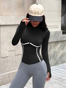 Dewbera 女士长袖拉链修身运动夹克 - 黑與白 - 查看 5