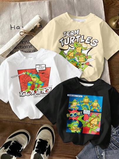TEENAGE MUTANT NINJA TURTLES | SHEIN Tween Boys' Round Neck Short Sleeve Printed T-Shirt, Multi-Pack, Summer