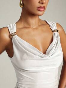 Hauture Women's Basic Casual Office Ruched Shoulder With Gold Decor Cowl Neck Top - White - View 4