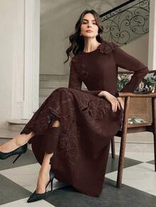 Anewsta Elegant Floral Embroidered Formal Dress, Luxurious Chic Fitted Dress For Spring/Summer, Suitable For Party, Work, Graduation, Wedding - Coffee Brown - View 3