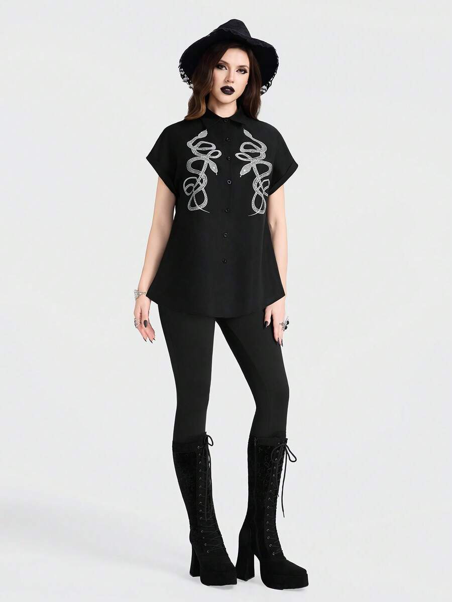 Breakform 女士哥特复古蛇纹印花翻领纽扣宽松衬衫 - 黑色 - 查看 1