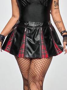 ROMWE Grunge Punk 朋克校园风PU格子拼接金属拉链加大码迷你裙（女款） - 黑色 - 查看 5