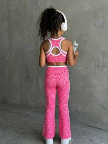 SHEIN 女童粉色豹纹背心和裤子套装，高弹面料 - 粉色 - 查看 4