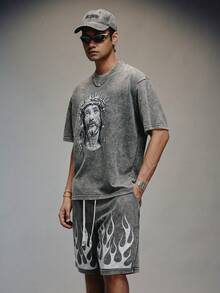PAVTROS Charcoal Gray,Summer,Streetwear,City Break Men's Oversized Short-Sleeved T-Shirt Set,Snowflake Wash Heavy-Duty Portrait Image Flame Rhinestone Effect - Black - View 3