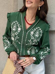 Solivie 女士花卉刺绣V领灯笼袖单排扣休闲度假衬衫 - 墨綠色 - 查看 3