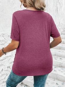 SHEIN Clasi Plus Size Solid Color Round Neck Short Sleeve Casual Summer Versatile T-Shirt, Summer Tops - Red Violet - View 2
