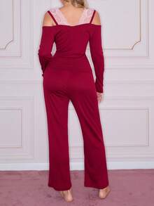 Cute Lace Hollow Off Shoulder Women Pajama Set - Burgundy - View 2