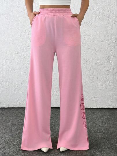 Cloudara Women Printed Detailed Baby Pink Color Wide Leg Sweatpants