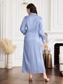 Al Najma New Elegant Ruched Waist Handmade 3D Floral Ruched Cinched Waist Versatile Formal Shirt Dress - Blue - View 9