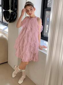 Đầm cổ yếm xếp tầng nhiều lớp bằng vải lưới phối màu trơn cho bé gái tuổi teen, đính sequin. - Hồng - Xem 5