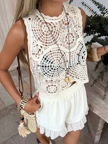 DAZY Áo tank top croptop nữ họa tiết hoa móc rỗng, thiết kế độc đáo, trang phục nghỉ dưỡng cao cấp. - Màu be - Xem 9