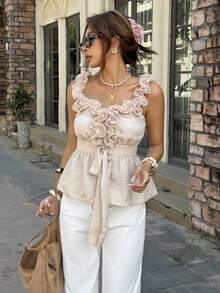 Serisse 女士纯色圆领无袖荷叶边系带衬衫，法式浪漫休闲杏色荷叶边系带衬衫，优雅腰部设计，适合约会、通勤和度假，夏季上衣，优雅女士衬衫，女士休闲衬衫，海滩度假 - 杏色 - 查看 8