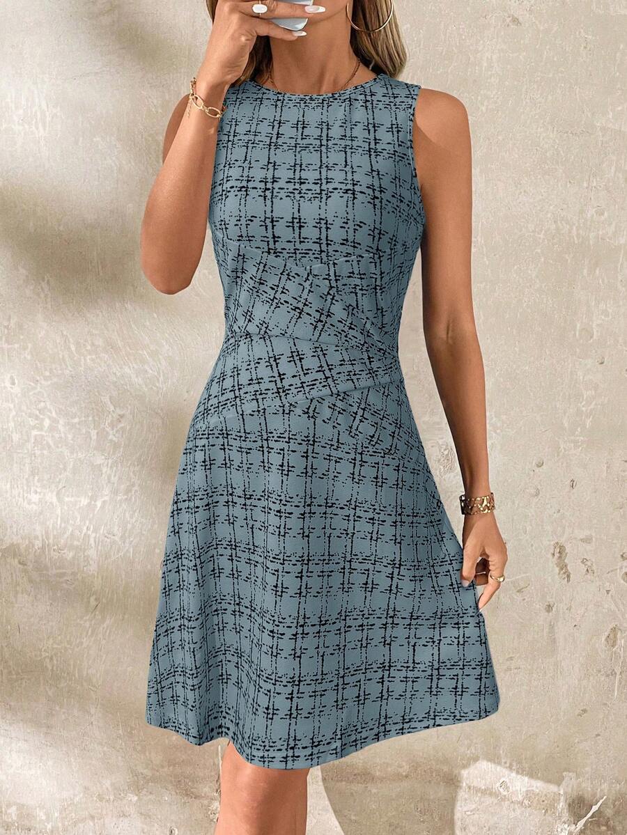 Editum 女士优雅格纹A字短款连衣裙，修身剪裁，适合通勤、工作、日常休闲穿着，百搭，春夏款 - 霧霾藍 - 查看 1