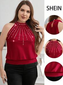 SHEIN Clasi Plus Size Rhinestone Decor Red Sleeveless Tank Top - Burgundy - View 3