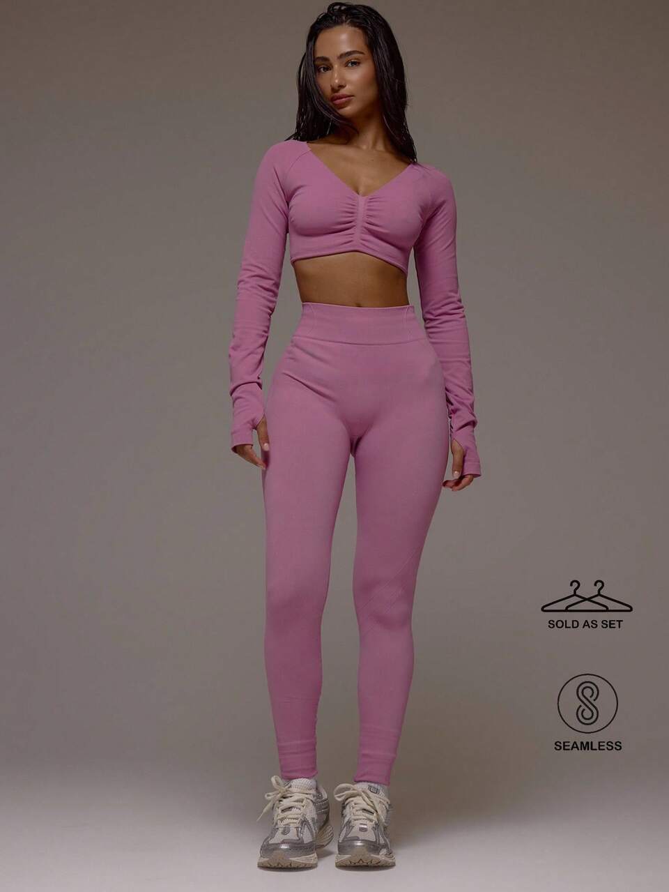 Active Long Sleeve Scrunched Front Top With Scrunched Bum Ribbed Waistband Leggings Set Workout Gym Pilates Fitness Daily Casual Smoky Quartz