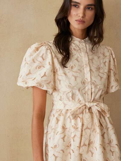 Aveloria Rosie Spring/Summer New Elegant French Style Embroidered Hollow Design Short Sleeve Belted Dress
