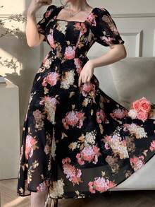 DAZY 法式花卉印花浪漫连衣裙，新款时尚夏季吊带裙 - 黑色 - 查看 4