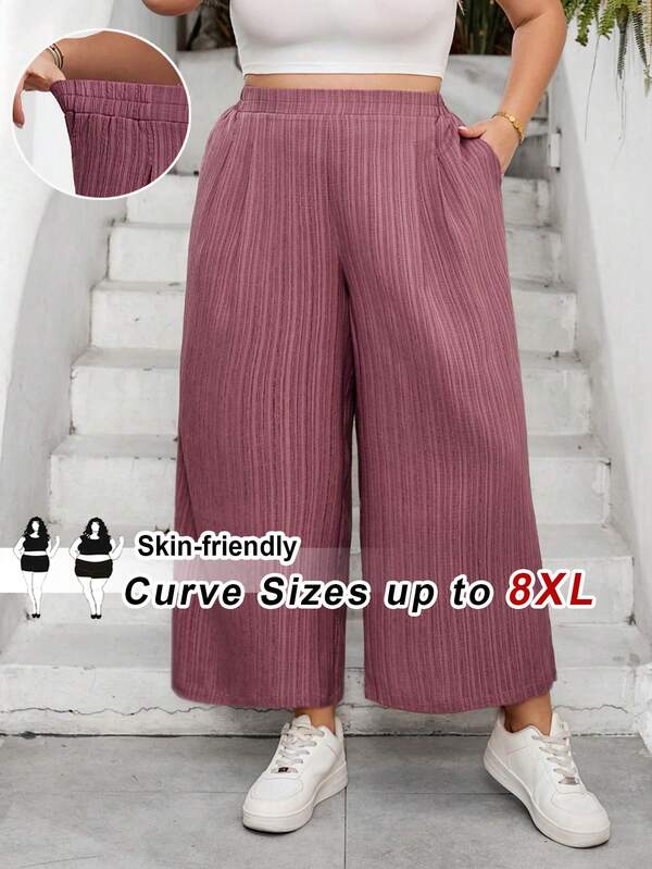 SHEIN CURVE+ Plus Size Women's Casual Loose Comfortable Breathable Daily All-Match Elastic Waist Wide Leg Capri Pants, Women's Flowing Long Pants, Minimalist Style, European Summer, Capri Pants, Vacation