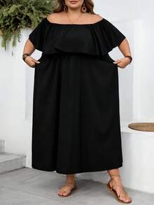 SHEIN CURVE+ Curve 尺码 US22 音乐节、海滨度假、波西米亚风黑色露肩宽松 A 字连衣裙、休闲度假连衣裙、黑色时尚连衣裙 - 黑色 - 查看 8