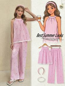 SHEIN 女童粉色条纹蝴蝶结纹理泡泡褶皱面料度假韩版休闲露背白色流苏上衣和裤子套装 - 粉色 - 查看 3