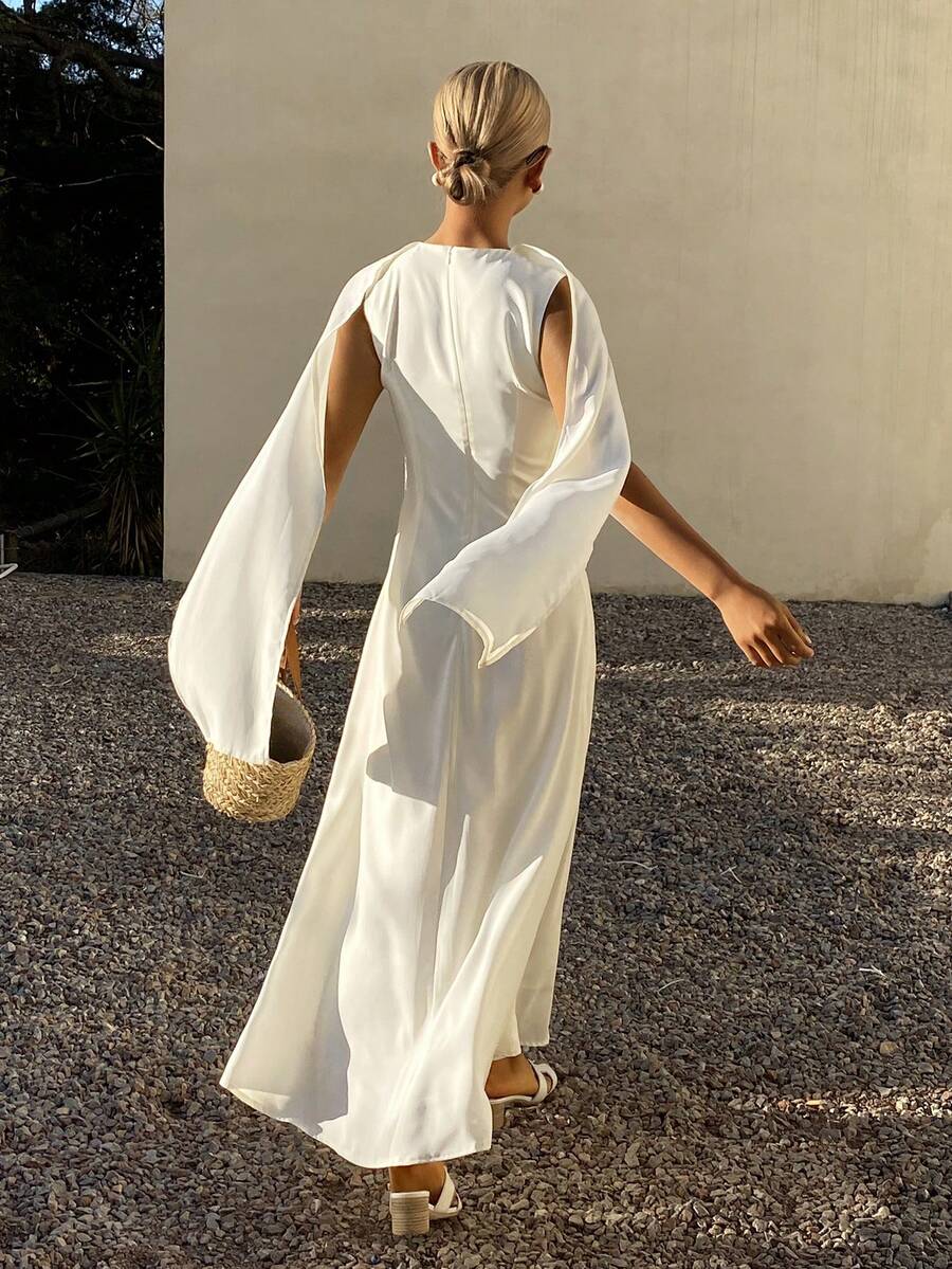 DAZY Women's Solid Color Fitted Shawl Collar Elegant Dress, Suitable For Banquet, Spring/Summer Sundress - White - View 1