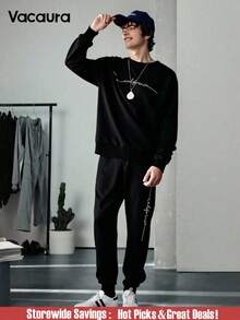 2pcs/Set Teenage Boys American Style Minimalist English Print Crew Neck Pullover Hoodie & Long Pants Sweatsuit, Outdoor Sports Fall Winter - Black - View 1