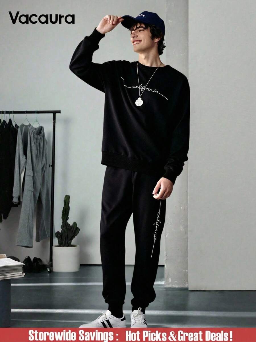 2pcs/Set Teenage Boys American Style Minimalist English Print Crew Neck Pullover Hoodie & Long Pants Sweatsuit, Outdoor Sports Fall Winter - Black - View 1