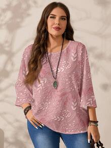 EMERY ROSE Plus Size Women Floral Print Loose Fit Casual Vacation Shirt, Full-Width Print Round Neck 3/4 Sleeve - Multicolor - View 5