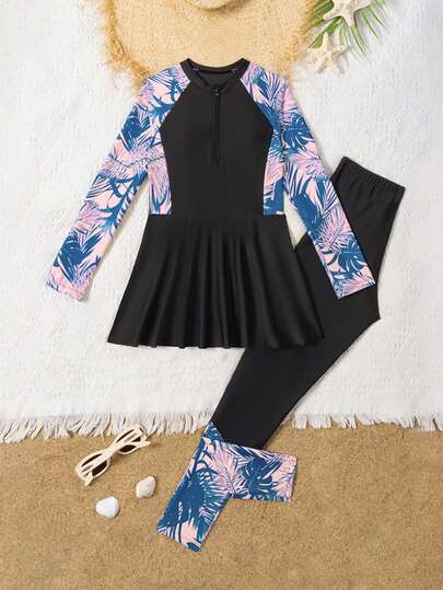 SHEIN Tankinis pour préadolescentes Débardeur tricoté Top de bikini avec manches longues Jupe noire à imprimé floral patchwork Top de maillot de bain avec fermeture éclair et pantalon long à imprimé floral patchwork 2 pièces. Style européen et américain élégant et , convient pour la natation, les vacances, la plage.