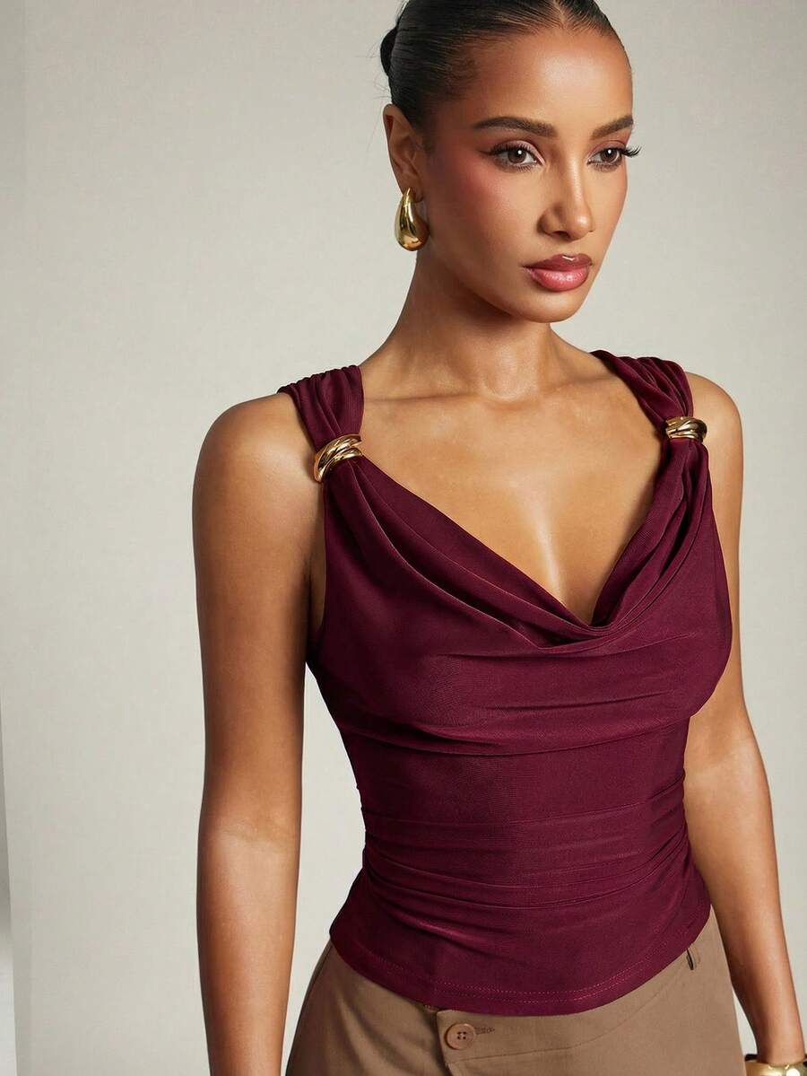 Hauture Women's Basic Casual Office Ruched Shoulder With Gold Decor Cowl Neck Top - Red Violet - View 1
