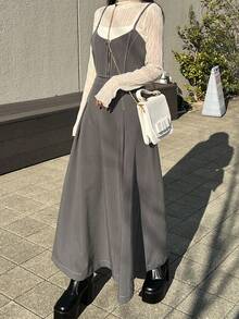 FRIFUL 女士宽松吊带背心和A字裙两件套 - 灰色 - 查看 6