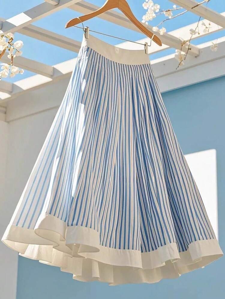 Franclia Falda versatil de talle alto con diseño a rayas en línea A, para el trabajo y las vacaciones - Azul - Ver 4