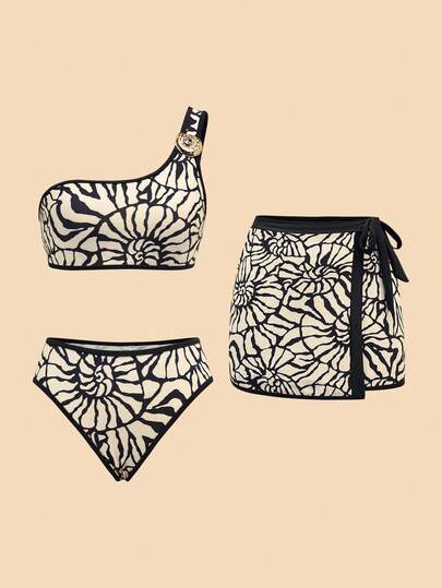 Travachic Conjunto de bikini de verano para mujer con decoración metálica, top halter y minifalda