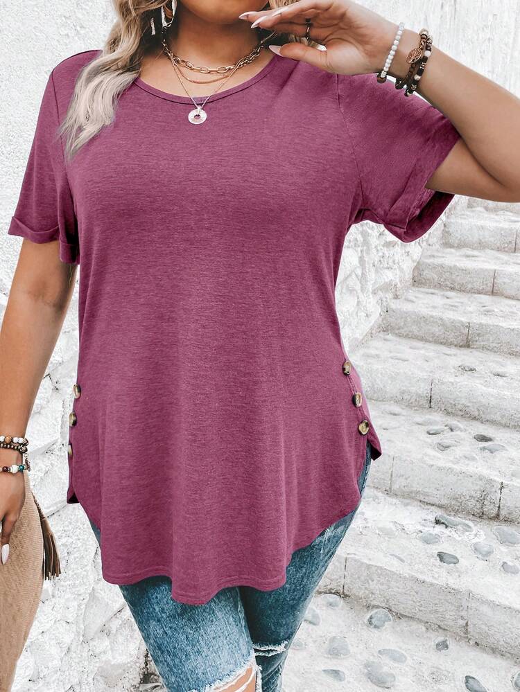 SHEIN Clasi Áo thun cỡ lớn, màu trơn, cổ tròn, tay ngắn, kiểu dáng thường ngày, đa năng cho mùa hè. - Màu đỏ tím - Xem 4