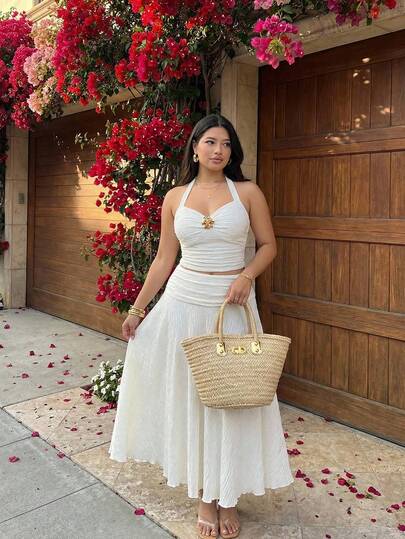 SHEIN MOD Plus Size Apricot Jacquard Fabric Halter Top And Skirt 2 Pieces Set/Valentine's Day.Christmas And New Year Outfits, Autumn And Winter Outfits.Chic Women's White Textured Halter Crop Top And Flowy Midi Skirt Matching Set With Gem Embellishment.Summer Outfits