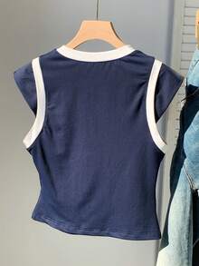 Comfortcana 女士撞色滚边圆领蝙蝠袖休闲夏季简约T恤 - 藏蓝色 - 查看 2