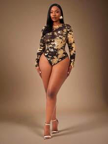 Radiana 大码女士优雅性感时尚立领修身透视金属面料长袖连体衣，适合音乐节、科切拉音乐节、锐舞派对、Live House、聚会、派对、舞会等场合。 - 金色 - 查看 2