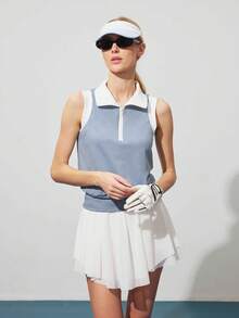 CourtClass 女士撞色滚边半拉链无袖高尔夫Polo背心，夏季 - 藍色 - 查看 4