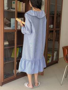 DAZY Lovely Contrast Color Ruffle Embroidered Hem Midi Nightgown For Women Pajamas - Blue - View 2